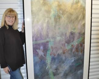 Oversized Abstract, Artist Signed Print, “2:15AM Northern Lights, July 1981”, 80” x 49” ($450) Pictured with Our Elegant Leader, Annette Herself.