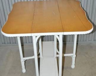 Vintage White Wicker Bar Harbor Drop Leaf Gate Leg Table with Solid Oak Top, 30" open, 11.5"closed x 30"h. $225