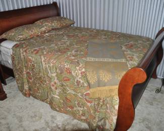 Our Elegant Full Sized Cherry Bed is Accented with a Stunning Queen Sized, 4-Piece Pottery Barn Duvet Cover and Three Standard Pillow Shams all in a Linen Cotton Blend Featuring Soft Ivory, Rust, Green and Gold Colors, $145. Further Complementing This Set is a Luxurious Anacini 100% Pure Wool Throw with Gold Fringe, Made in Italy, $95