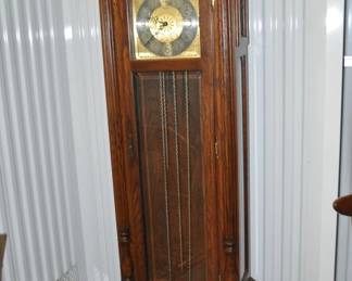 Lovely Hand-Crafted Wooden Vintage Grandfather Clock with Brass Weights and Pendulum, 24.5" W x 79" H x 12.5" D. ($225)