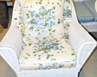 Vintage White Wicker Rocking Chair with Upholstered Seat Cushion and Decorative Pillow, 32”w x 36”h x 39”d, $165