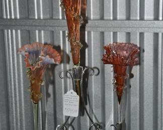 Pure Elegance!  This Rare Trumpet Epergne Features 3 Fluted Vases in Vibrant Pink Set in a Delicate Silver-Tone Base, 22" H x 15.5" D, ($595).