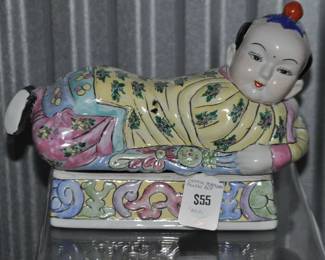 This Playful Chinese Porcelain Pillow Box is Whimsical and Bright and Sold in "As Is" Condition, 8"W x 8" H x 4.5"D, ($55).