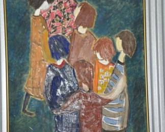 Vintage Signed Sadie Rosenblum, (1899-1987 Ukrainian) Acrylic on Canvas, Family Ring, 34” x 50” ($495) 