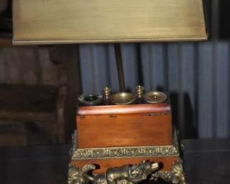 Another View of the Antique French Gilt Bronze Lamp with Inkwell Lid Removed.