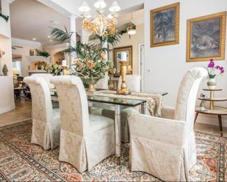 Beveled glass top dining table w/chrome base, 6 chairs