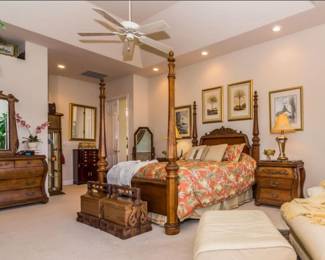 Ashley "Millenium" Bedroom Set: 4 poster queen bed, 2 nightstands, long dresser w/mirror and armoire cabinet