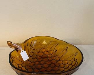 Vintage mid cantury amber glass grape leaf signed dish
