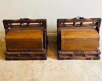 Pair of antique Chinese wooden wedding carrying tiered treasure chests