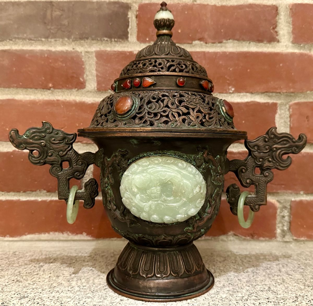 Antique Chinese Censer with Jade and Gemstone Inlay