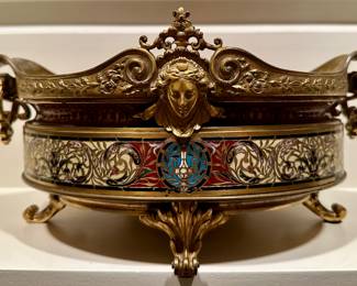 19c. French Brass & Enamel Footed Tazza with Copper Insert