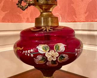 Antique Hand Painted Cranberry Glass Lamp