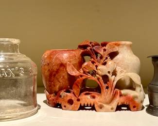 Waterman's Ink Well, Carved Soap Stone, Pewter Pitcher