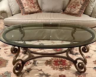 Glass & Scrolled Gold Tone Metal Coffee Table