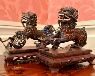 (2) Silver Filigree Foo Dogs with Enamel & Gemstones