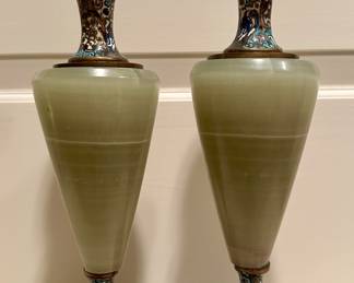 Antique Green Onyx and Cloisonne Vases