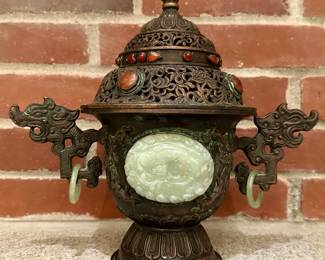 Antique Chinese Censer with Jade and Gemstone Inlay