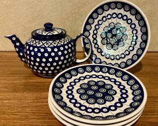 Boleslawiec (Poland) Teapot & Dishes