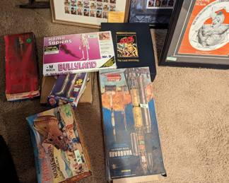 Vintage toys and vintage stamp collections framed