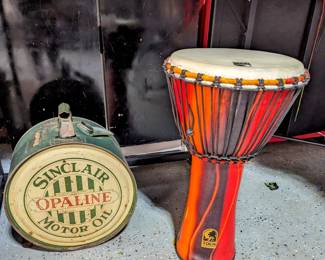 Antique gas can and bongo