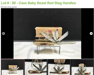 Lot # : 80 - Case Baby Beast Red Stag Handles
997 W. R. Case & Sons - #205 in series, 5 Blade Pocket Measures: 3 1/2" closed Blades: 5, etched on blade Baby Beast Badge: oval CASE XX Bolsters: engraved #205 Box: original
