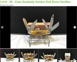 Lot # : 36 - Case Sowbelly Golden Rod Bone Handles


2012 W.R. Case & Sons Measures: 3 3/4" closed Blades: 5 SS Badge: inlaid in handle long tail Case xx Box: original.
