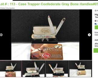 Lot # : 113 - Case Trapper Confederate Gray Bone Handles#070 
Online Only Auction 
W. R. Case & Sons Shepherd Hills Exclusive - Civil War Series #070 Measures: 4" closed Blades: 2, engraved #070 Badge: Confederate flag long tail Case xx Bolsters: one bolster engraved C.S.A. and scroll C on others Box: velvet presentation with sleeve.
