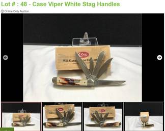 Lot # : 48 - Case Viper White Stag Handles
1999 W.R. Case & Sons 1 0f 500 in production run Measures: 4" closed Blades: 5 Badge: oval CASE XX Box: original
