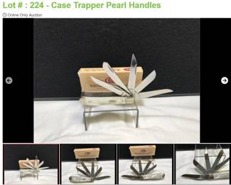 Lot # : 224 - Case Trapper Pearl Handles
1998 W.R. Case & Sons - 5 blades Measures: 3 1/2"closed Blades: 5 blades Badge: oval long tail Case xx Box: original.
