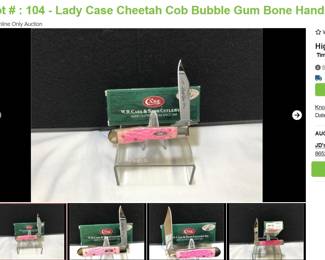 Lot # : 104 - Lady Case Cheetah Cob Bubble Gum Bone Handles
2006 W. R. Case & Sons Shepherd Hills Exclusive Measures: 3 1/2" closed Blades: single locking, Lady C ase Badge: oval Case xx Box: original.

