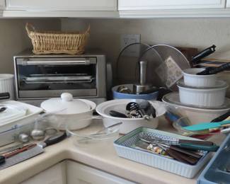 Corning Ware, Pyrex, flatware, utensils.