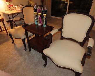 Two matching side chairs and end table. Vintage Three Kings