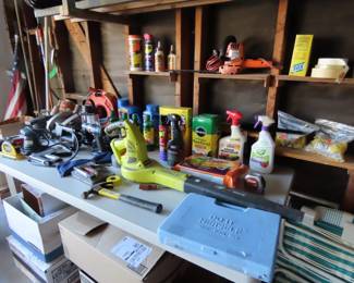 Hand tools and garden tools. Milwalkee Sawzall, Ryobi drills, leaf blower, sander, jig saw, stapler, tool kits.