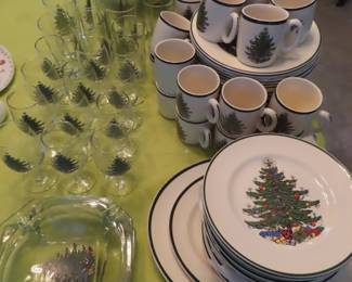 Large Christmas dinner set and stemware.