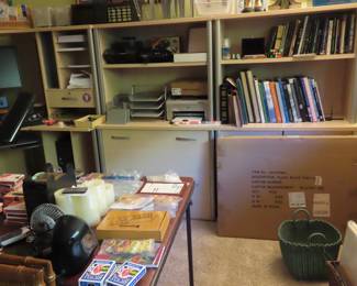 Office furniture, books, desck accessories, bookends, office supplies. Board games, playing cards.