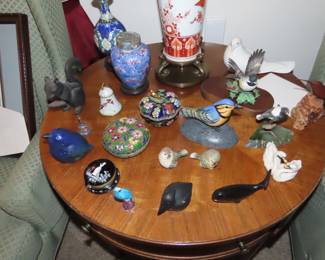 Cloisonne, birds and figures.