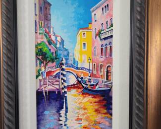 Alex Pauker "Boaters by the Bridge" - Embellished Serigraph on Canvas.