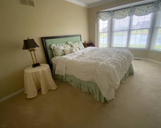 King Headboard, dust ruffle, side table and lamp