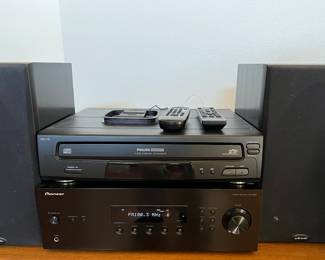 Pioneer receiver, Phillips 5 disc CD player 
Polk Audio Bookshelf Speakers
