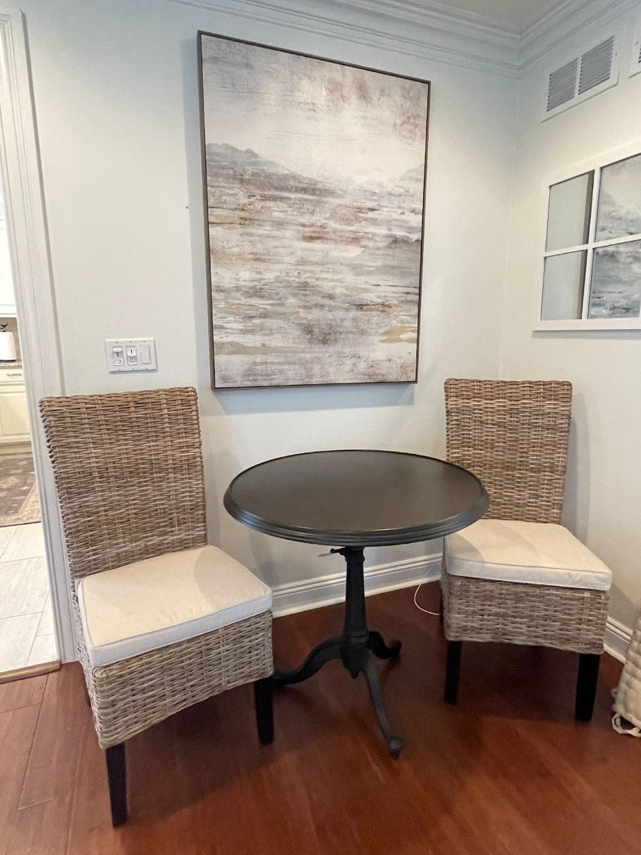  Pair of wicker chairs with cushions, 19"W x 41"H, was $145, NOW $115.     (SOLD / Round metal table, 32"D x 31"H - Height is adjustable, was $175, NOW $155/SOLD)