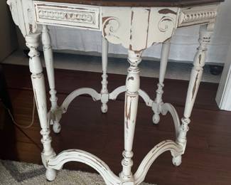 White distressed wood table, 28"D x 29.5"H,  $165