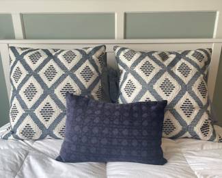 Pair of Blue/Creme diamond pillows, 22" x 22",  $20 each.  Navy Blue pillow. 19"W x 10"H,  $14