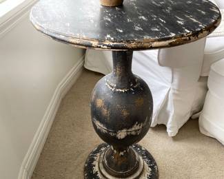 Metal round distressed pedestal table, 20"D x 29"H,  $145