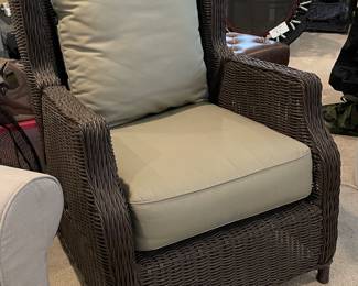 Dark wicker reclining back chair w/cushion and back pillow,  was $95, NOW $75
