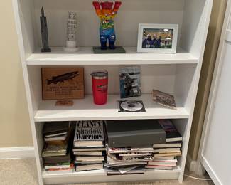 Small white book shelf, 33"W x 11"D x 42"H,  was $50, NOW $40.  (ITEMS ON SHELVES NOT FOR SALE.)