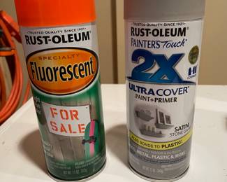 Rustoleum orange fluorescent and Satin Stone Grey paint cans, $6
