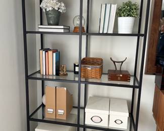 Black metal & glass shelving unit, (items on shelf unit not for sale),  68.5"H x 39.5" W.  was $155, NOW $125