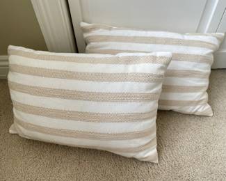 Pair of tan striped pillows, 17"W x 12"H,  $32