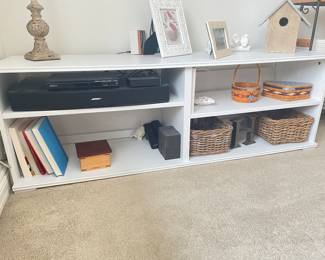 White shelving unit / adjustable shelving, 59"W x 17"D x 19.5"H,  was $115, NOW $88  (Items on and in unit not for sale, except lamp)
