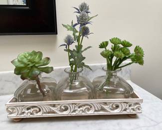 Tray w/ 3 glass bottles and greenery, 14"W x 5"D,  $15